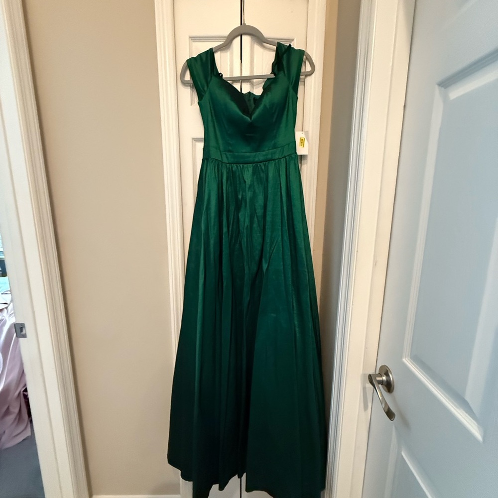B Darlin Green Ruched V-Neck Maxi Gown
